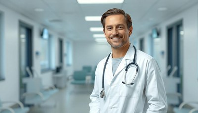 A doctor smiles in a hospital hallway