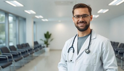 A smiling doctor stands in a waiting room