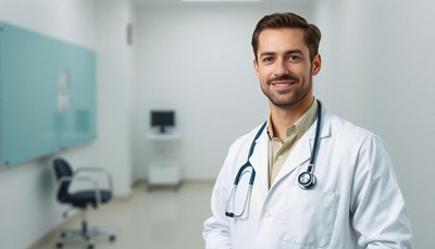 A male doctor stands in a hospital hallway