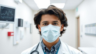 A doctor wearing a face mask stands in a hospital hallway