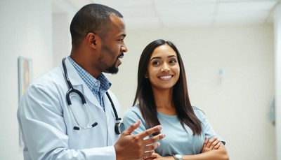A doctor is talking to a patient in a hospital hallway