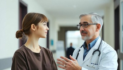 A doctor talks to a patient in a hospital hallway