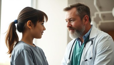 A young girl talks to her doctor in a hospital room