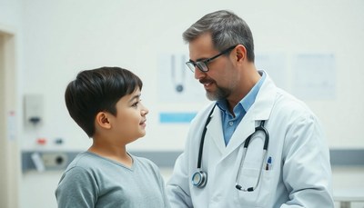 A doctor talks to a young patient in a hospital