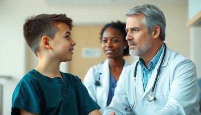 A young boy talks to a doctor in a hospital