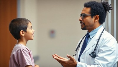 A doctor speaks with a young patient in a clinic