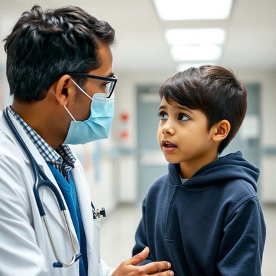 A doctor talks with a young patient in a hospital hallway