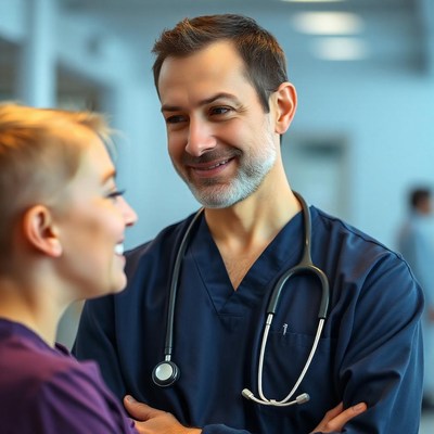 A doctor smiles at a patient in a hospital hallway