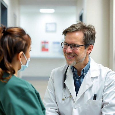 A doctor smiles at a patient in a hallway