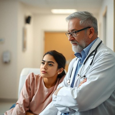 A doctor and patient talk in a hospital hallway