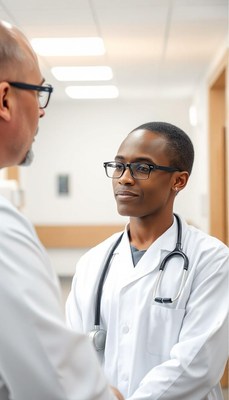 A young doctor listens to a patient in a hospital hallway