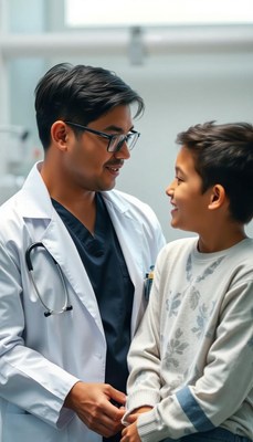 A doctor talks with a young boy in a hospital room