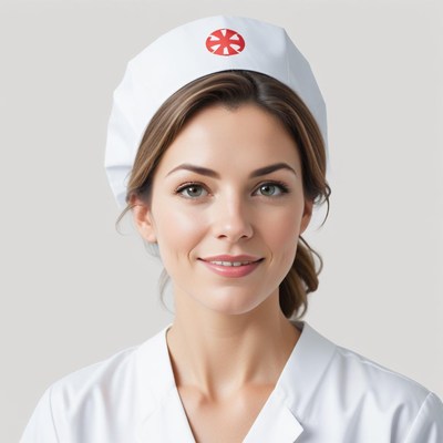 A woman in a white nurse's uniform smiles