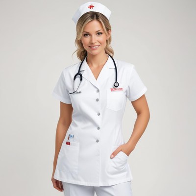 Nurse in white uniform stands with hand in pocket
