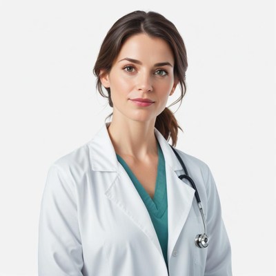 A woman doctor is standing in a white lab coat