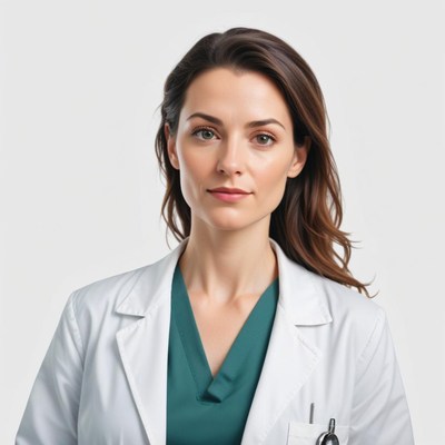 A woman in a white coat looks directly at the camera