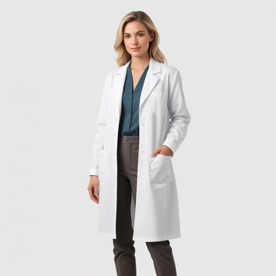 A woman wears a white lab coat