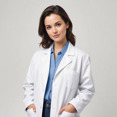 Woman in a white coat with hands in pockets