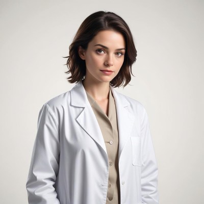 A woman in a white coat looks directly at the camera