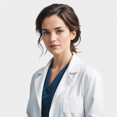 A woman in a white coat stands in a studio