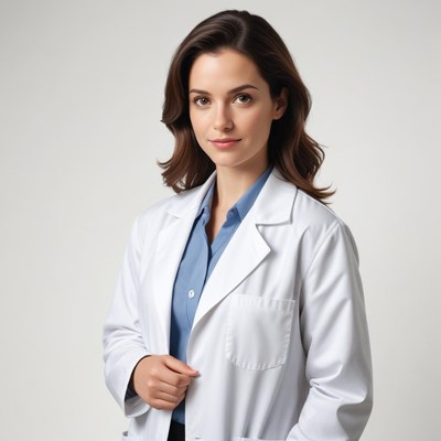 Woman in a white coat against a white background