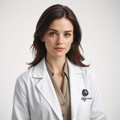 A woman in a white lab coat looks at the camera