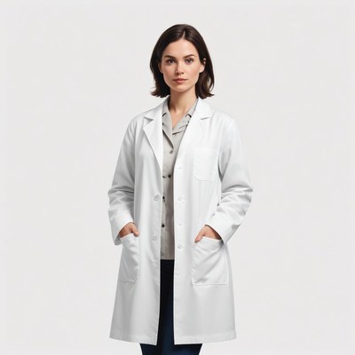 A woman stands in a white coat, hands in her pockets