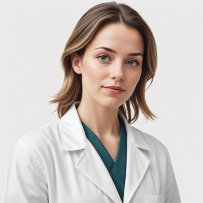 A woman in a white lab coat looks at the camera
