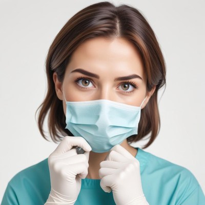 A woman adjusts her face mask
