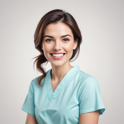 A woman in a blue scrub top smiles at the camera
