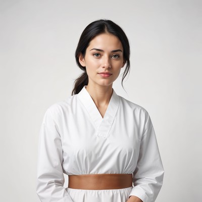 A woman in a white robe looks at the camera