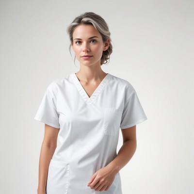 Woman in white scrubs leans against white backdrop