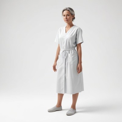 Woman in a white dress against a white backdrop