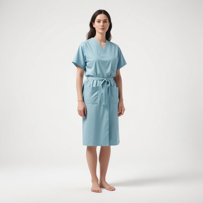 A woman stands in a light blue robe