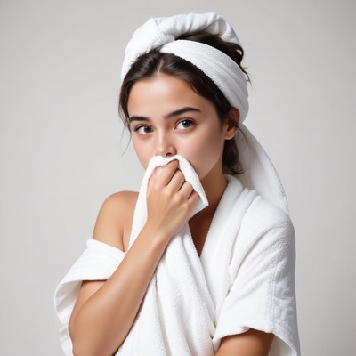 A woman with a towel on her head looks down