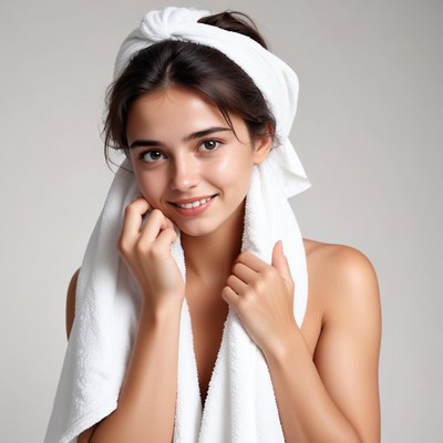 A woman smiles while drying her face with a towel