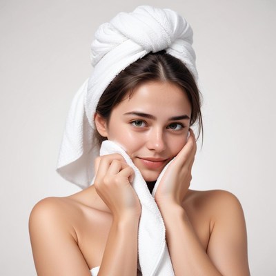 A woman dries her face with a towel after a shower