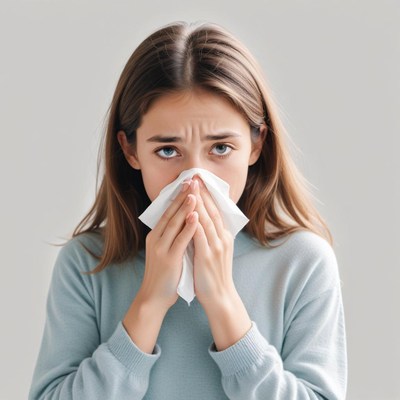 A woman blows her nose into a tissue
