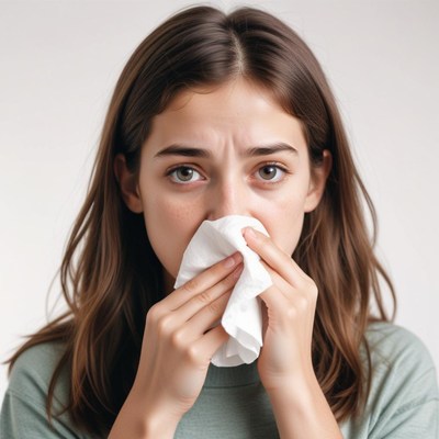 A woman is blowing her nose with a tissue