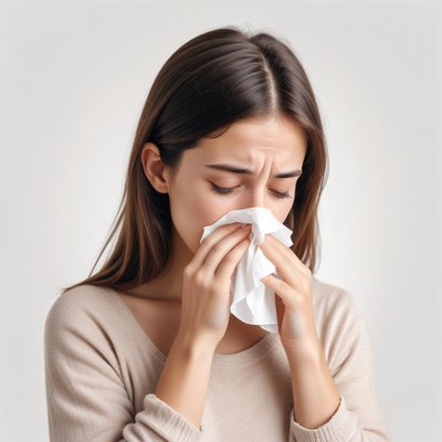 A woman sneezes into a tissue