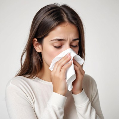 A woman blows her nose with a tissue
