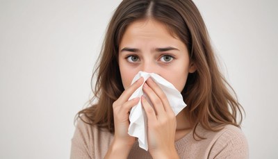 A woman blows her nose with a tissue