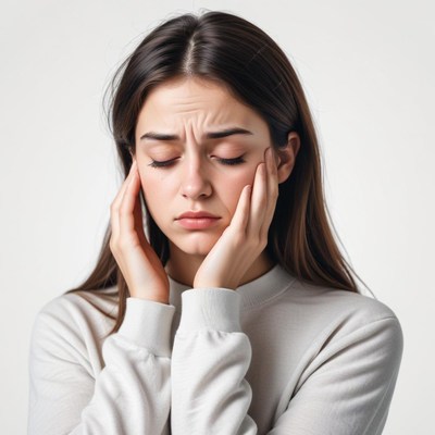 A woman holds her face in her hands