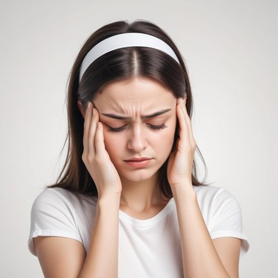 A woman holds her head in pain