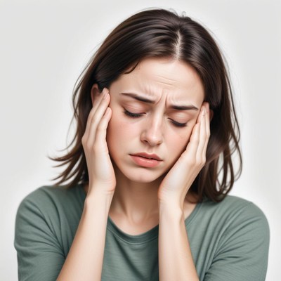 A woman holds her head in pain