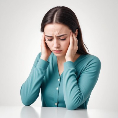 A woman sits with her hands over her ears