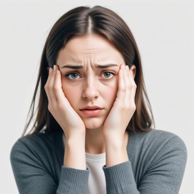 A woman looks worried while holding her head