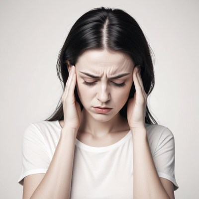 A woman holds her head in pain