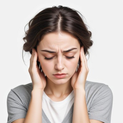 A woman covers her ears with her hands