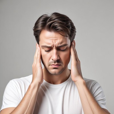 A man holds his head in pain